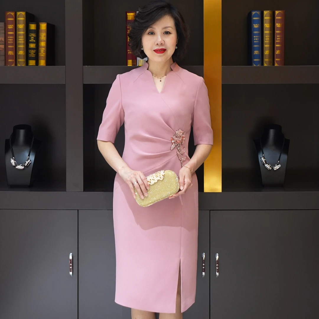 YINGDAK/应大蔷薇伊人粉色中长款修身时尚礼服喜复古场合装连衣裙