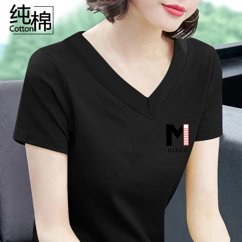 v领夏季短袖上衣女100%纯棉中年妈妈装新款韩版半袖宽松休闲T恤女
