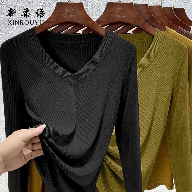 加绒加大码春秋新款V领纯色德绒保暖衣女中年妈妈洋气拼接上衣服