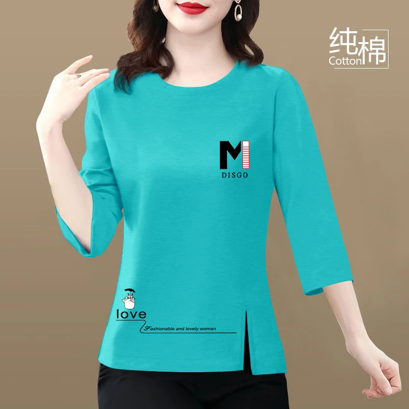 纯棉七分袖显瘦减龄妈妈装气质夏季洋气中袖T恤圆领女高档打底衫