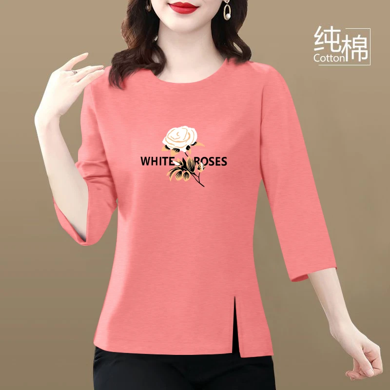 100纯棉七分袖t恤女春装新款中年妈妈开叉打底衫减龄漂亮洋气上衣