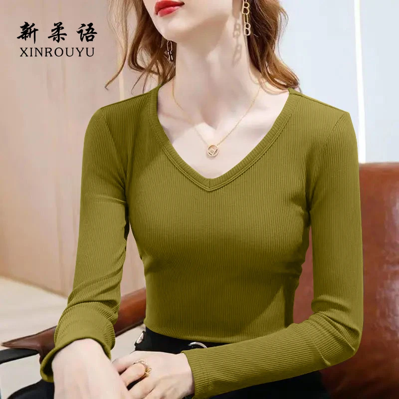 2025秋季新款V领双面德绒打底衫女士百搭保暖长袖内搭修身显瘦衫