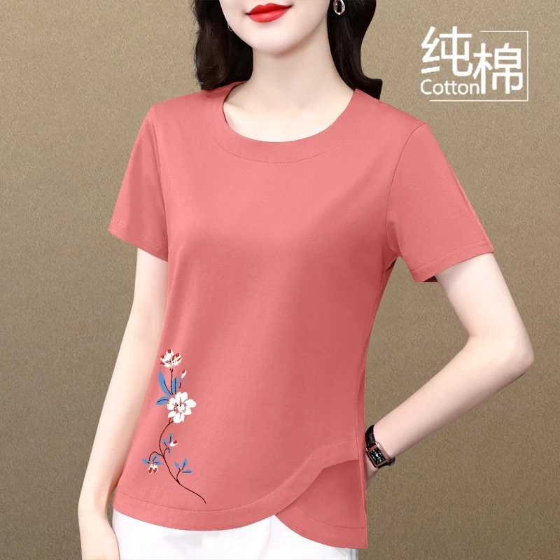 纯棉短袖t恤女夏新款韩版宽松显瘦百搭圆领不对称妈妈装上衣体恤