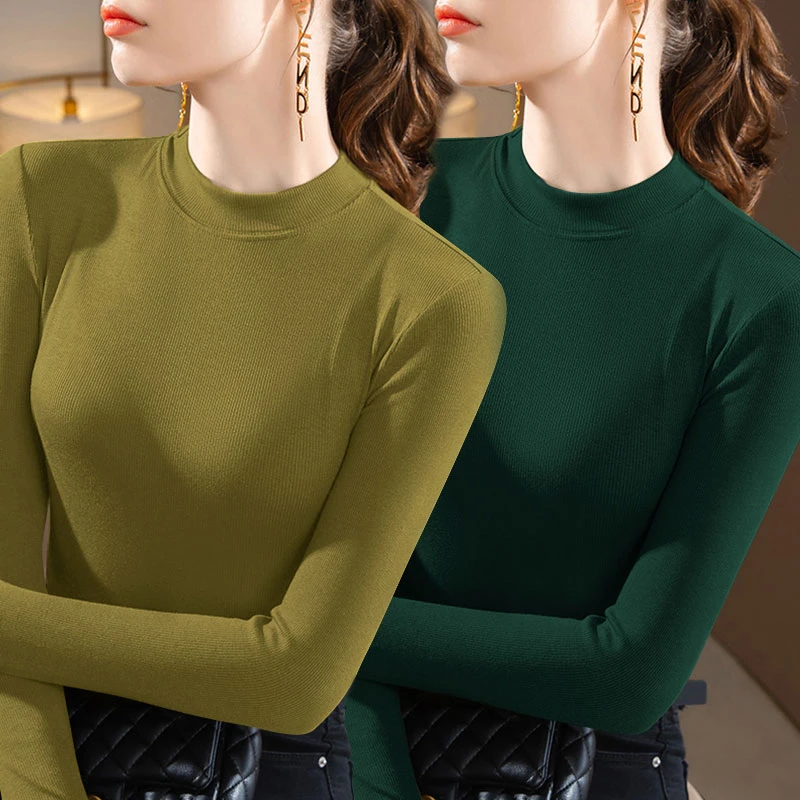 单/两件双面德绒内发热上衣秋冬保暖螺纹半高领长袖T恤女装ins潮