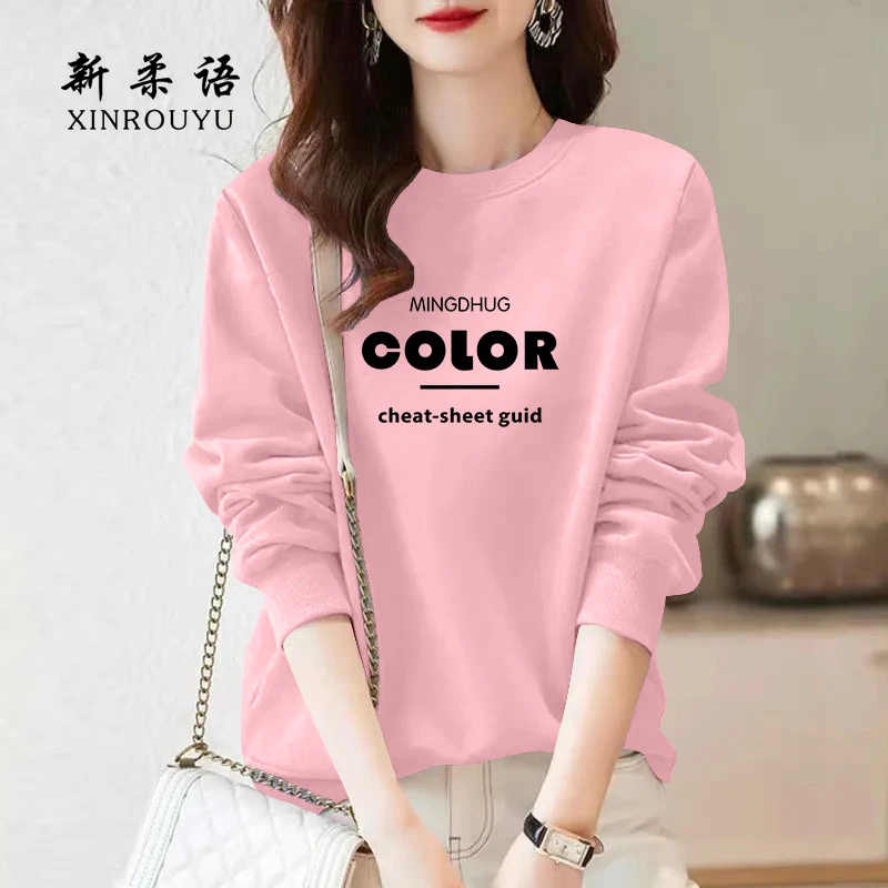 女装圆领印花卫衣秋季新款时尚大码慵懒风韩版宽松卫衣长袖女上衣