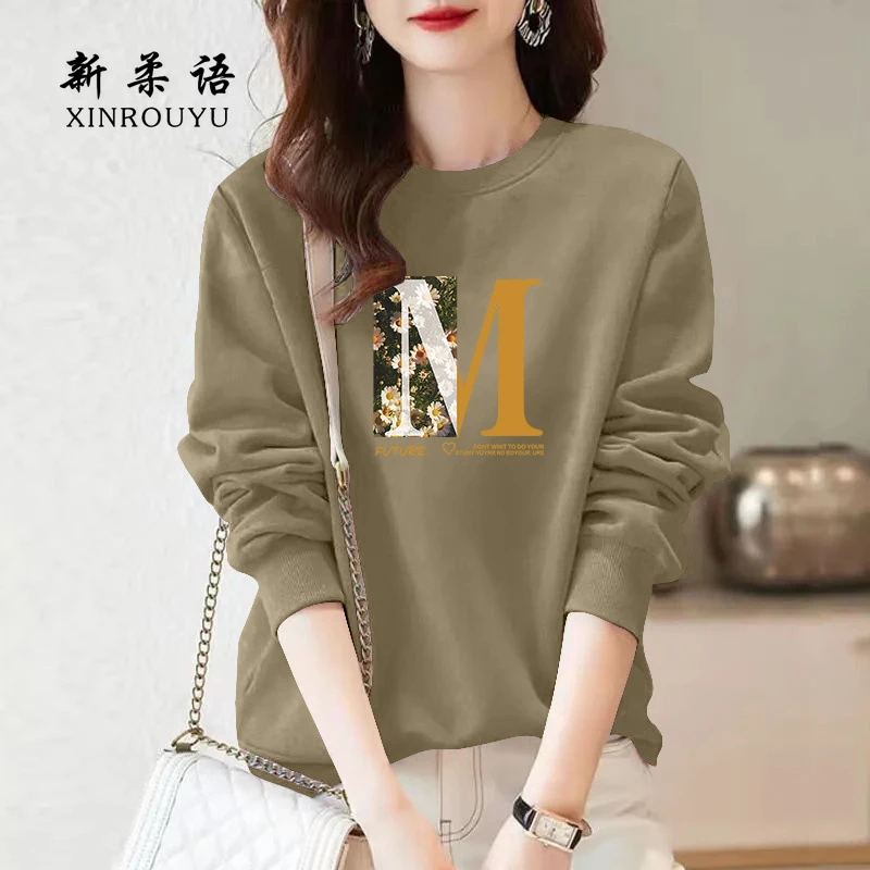 韩版复古简约字母印花圆领卫衣女秋款2025新款小众设计长袖女上衣