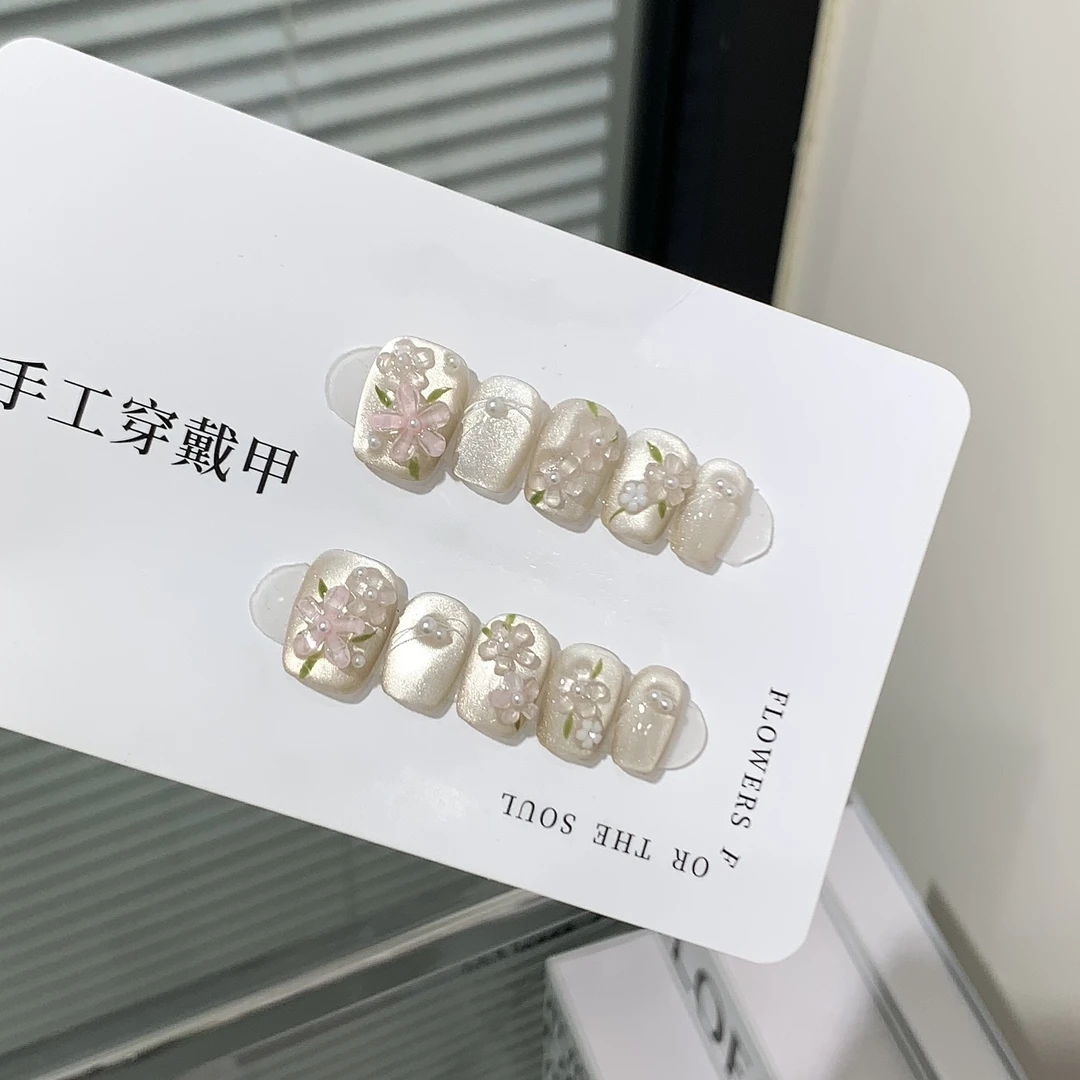 【猫眼山茶】追光猫眼春夏日小短甲手绘纯手工穿戴甲