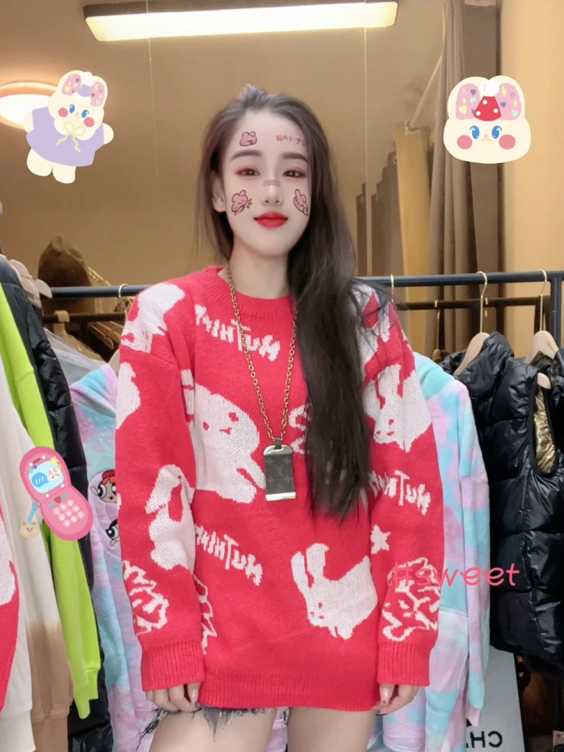 外贸高品质趴趴兔红色毛衣