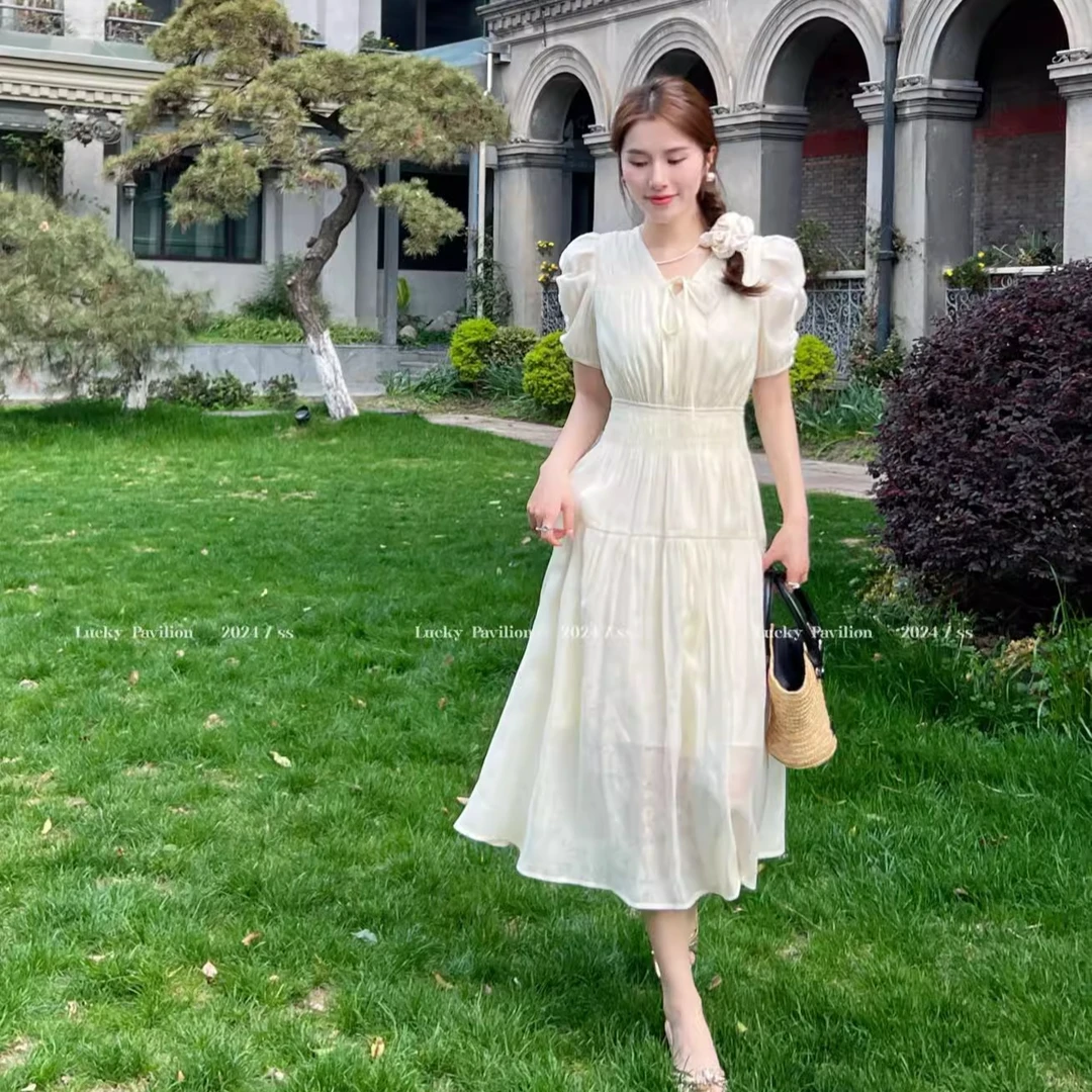 【丽公主专属】6680法式V领泡泡袖连衣裙2025年新款时尚收腰提花裙