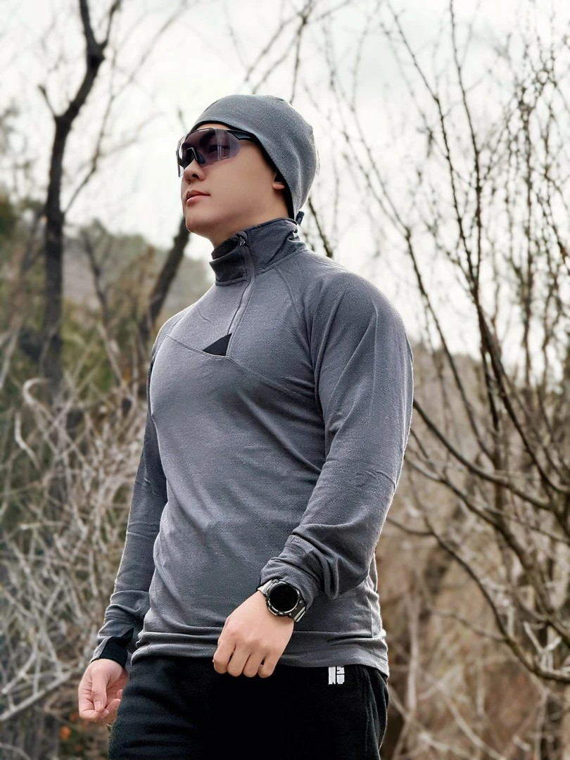 灰壳男士美利奴羊毛速干衣春夏半拉链套头长袖美丽诺滑雪速干内衣