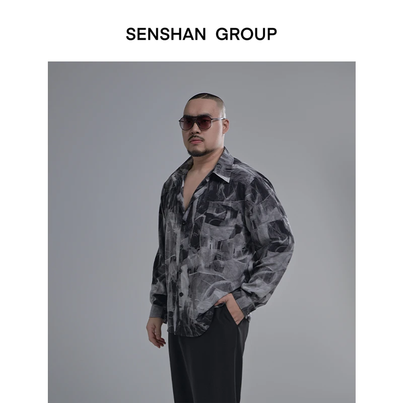 森山组大码型男流雾扎染复古古巴领短袖衬衫高街休闲上衣长袖衬衣