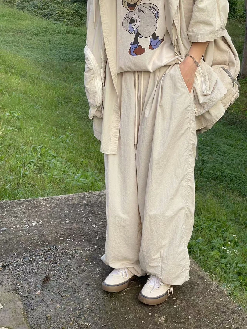 新款宽松百搭裤脚抽绳松紧腰减龄阔腿裤3789