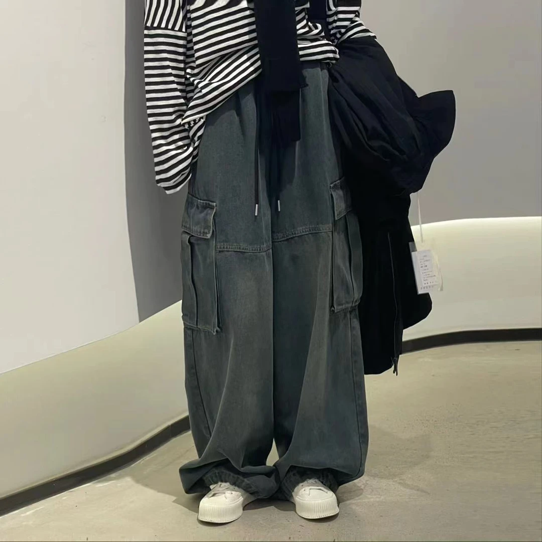 冬季新款复古慵懒风收脚大口袋松紧腰阔腿牛仔裤8242