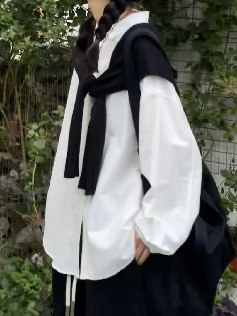 夏季新款复古设计感百搭长袖白色宽松翻领衬衫188389款