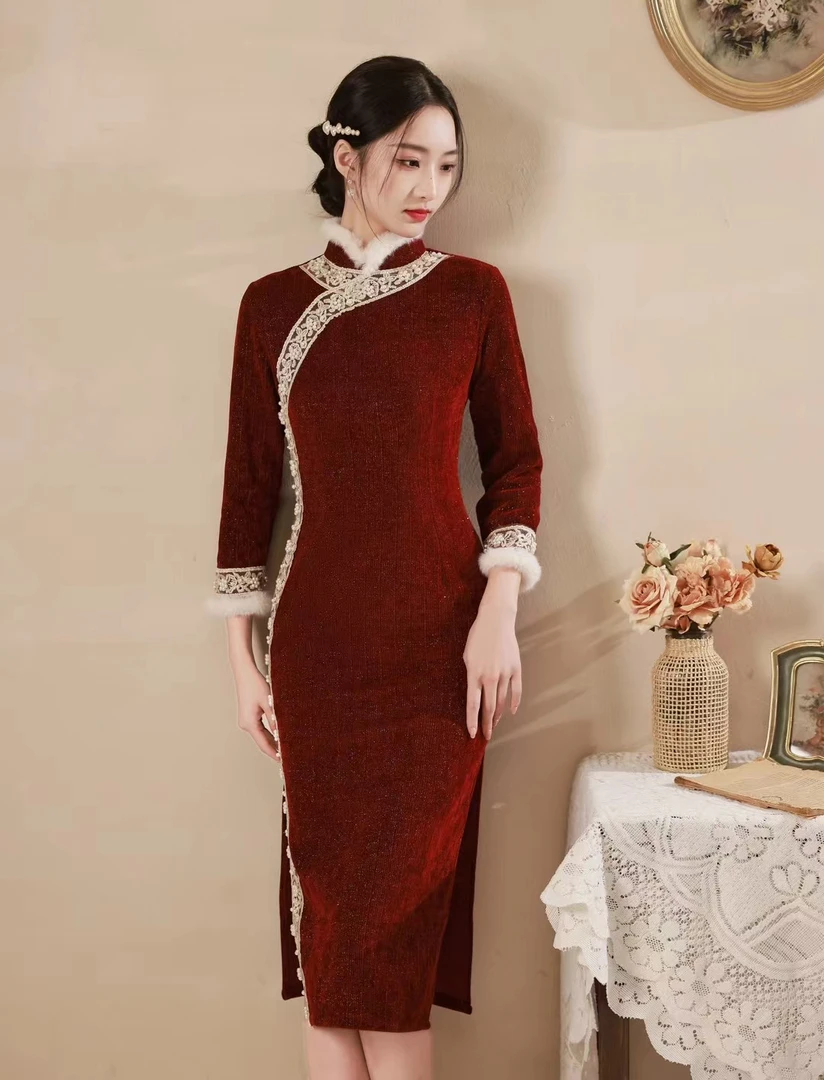 星辰万里-秋冬中式旗袍2023冬季新款加厚立领高品质修身气质旗袍