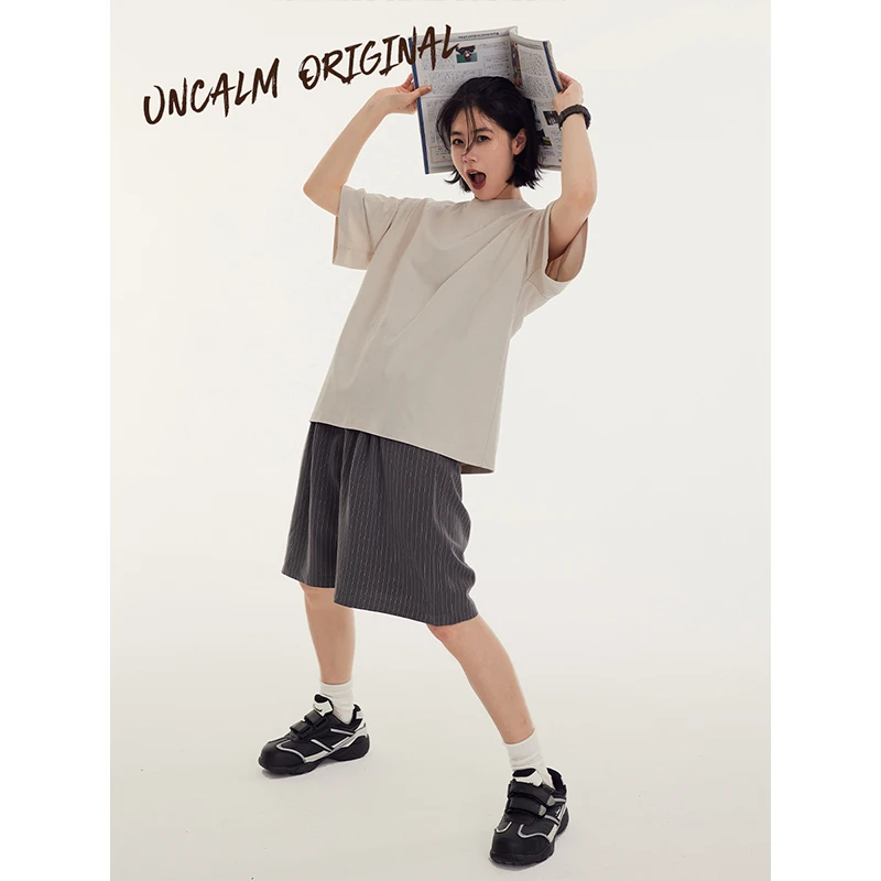 易燃空间垂坠感条纹西装短裤女夏季休闲百搭五分裤男