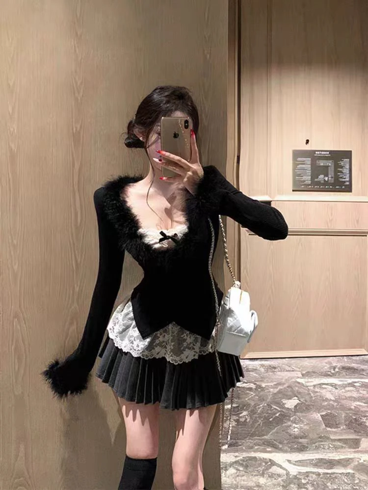 辣妹套装女秋冬毛毛针织开衫搭配蕾丝上衣百褶裙一整套