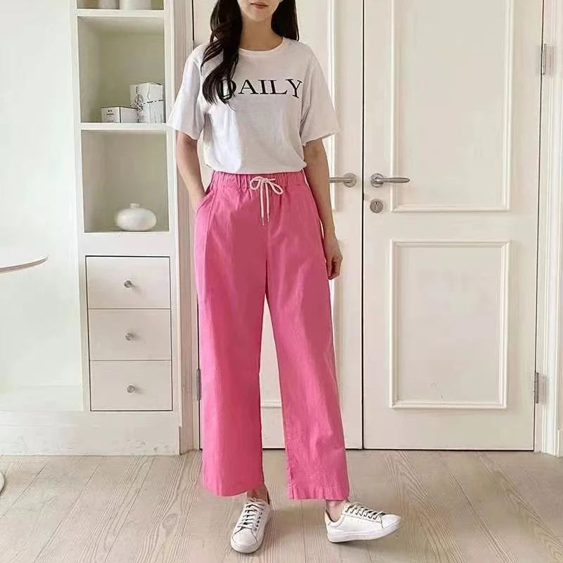 【韩拿】 松紧腰9分柔软高弹棉直筒裤