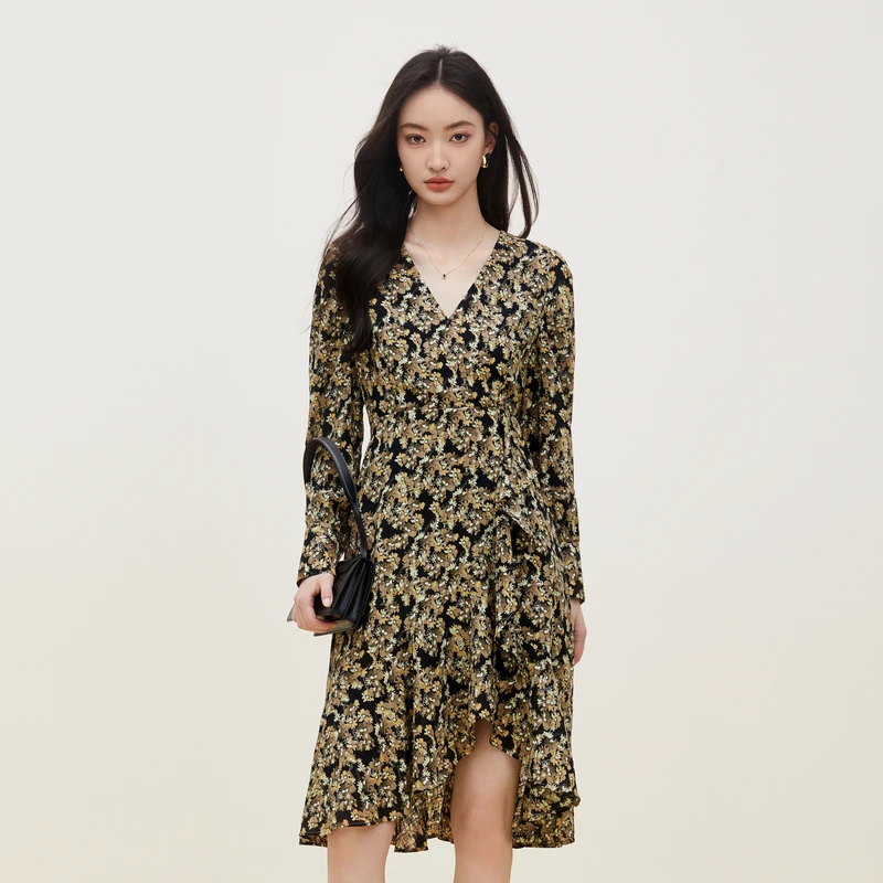 XG/雪歌提花法式气质长袖设计师复古时尚秋季连衣裙XI304003B297