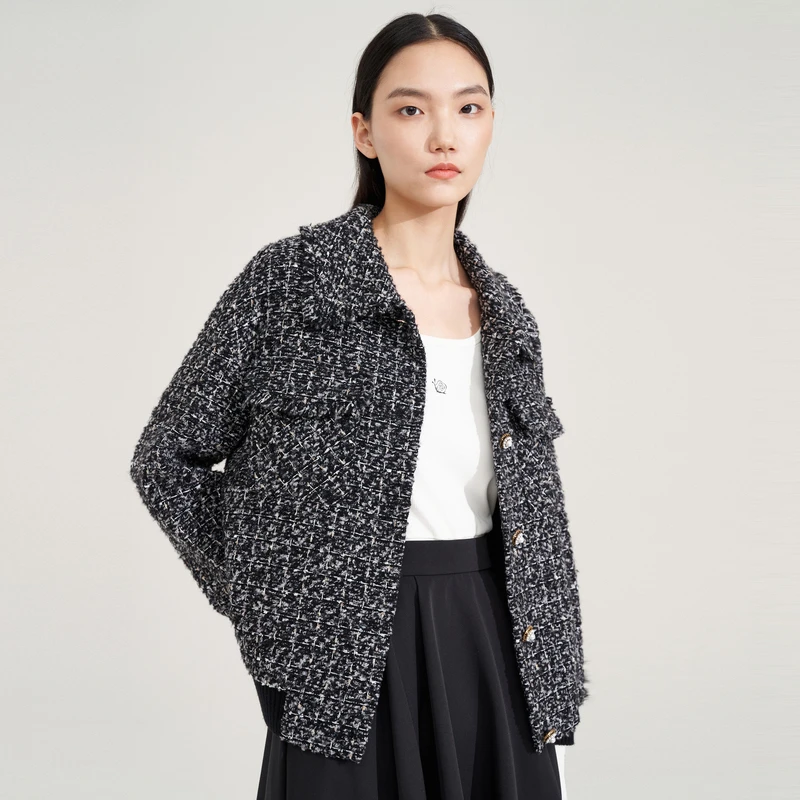 XG/雪歌黑色设计师秋季时尚休闲粗花呢女士短外套XI307011B695