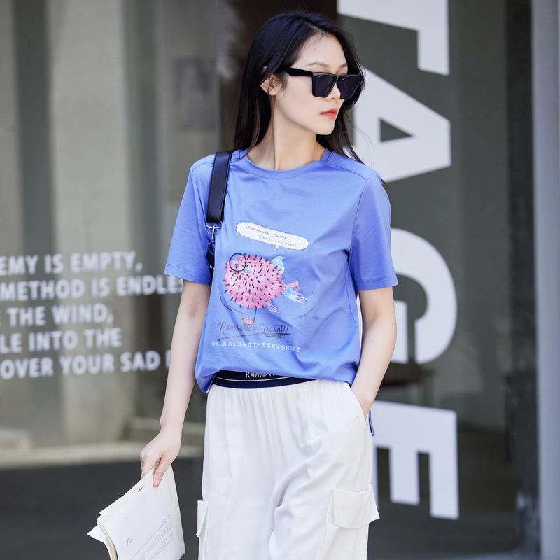 t恤XI201017A320纯棉时尚休闲百搭夏季宽松印花圆领女装运动