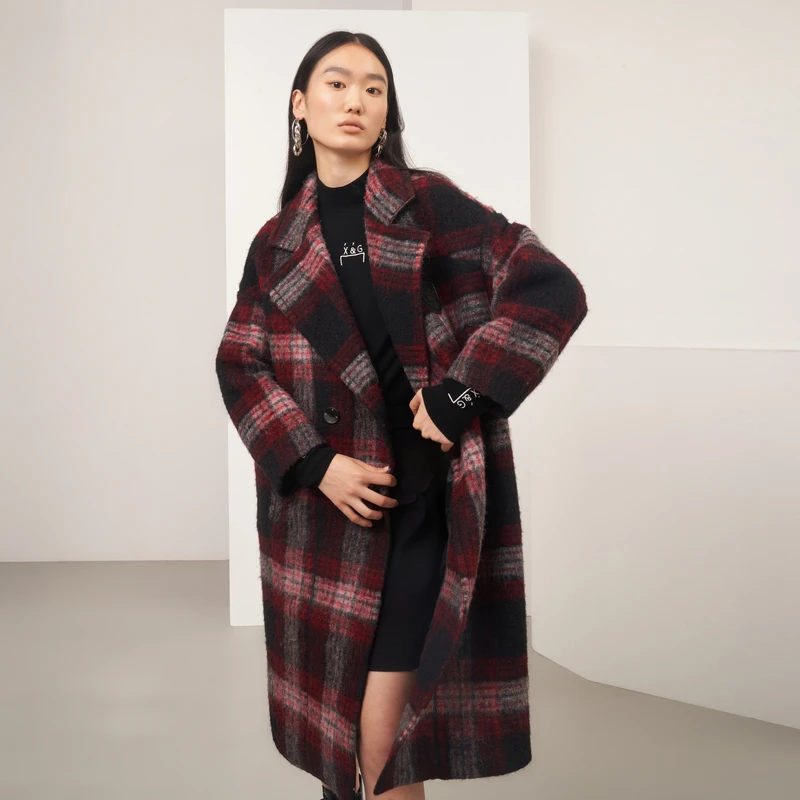 XG雪歌复古风格纹长袖毛呢外套2022冬季新款长款羊毛粗花呢大衣女