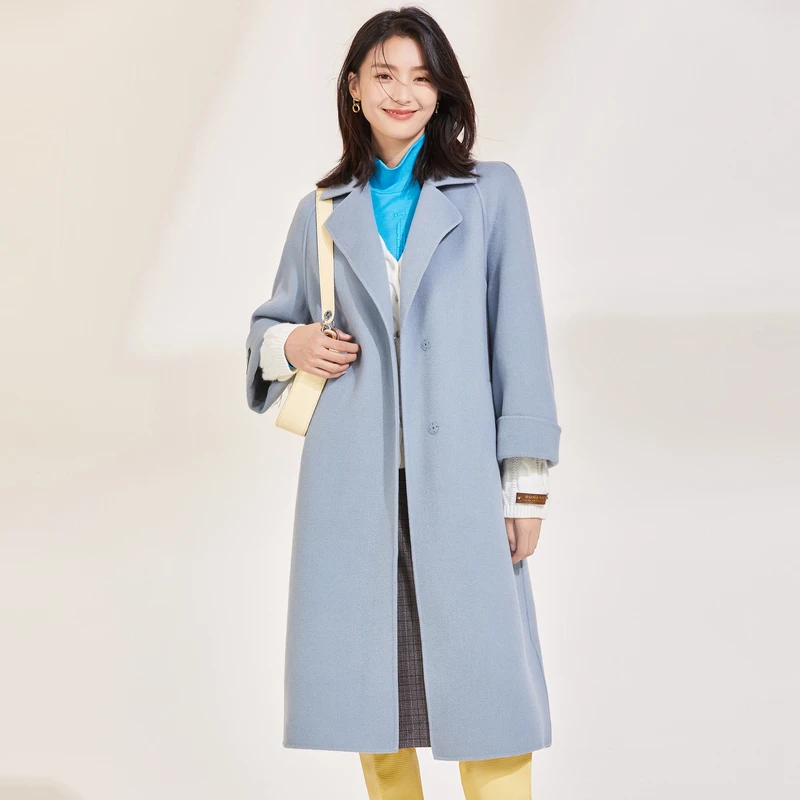 XG雪歌浅蓝色长款羊毛大衣冬季新款流苏拼接纯色毛呢外套女装气质