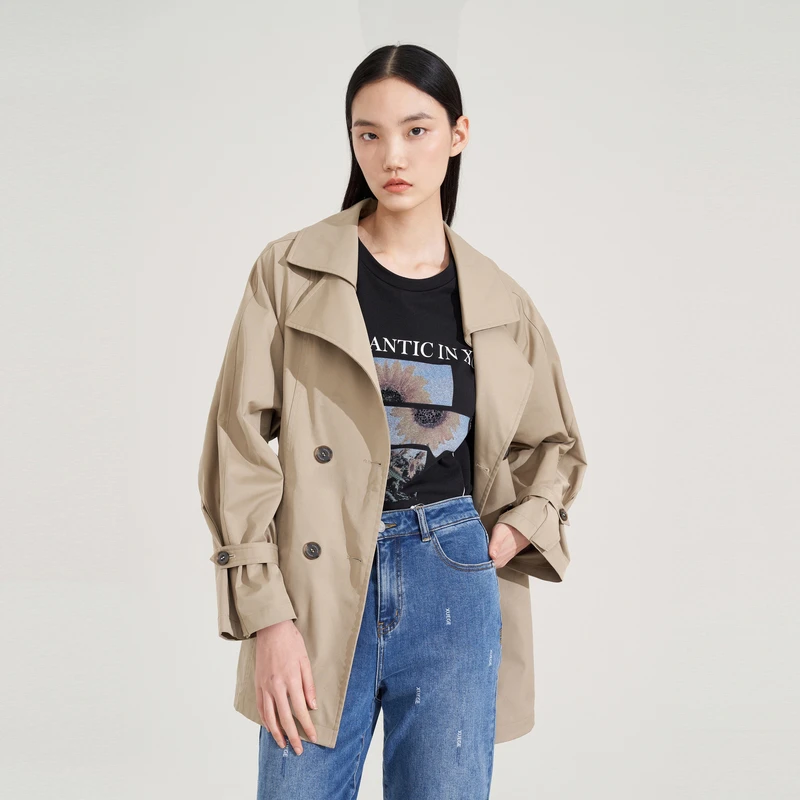 XG/雪歌春秋收腰翻领简约双排扣气质时尚休闲风衣XI308013A273