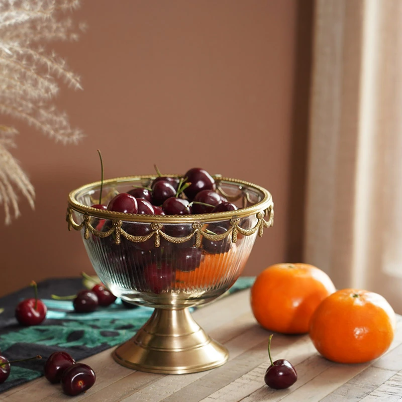 印度进口手工复古黄铜玻璃高脚果盘果篓 奢华家居收纳水果零食盘