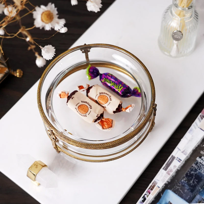 费灵印度进口黄铜边框异形玻璃果盘收纳盘 家居装饰铜配玻璃果碗