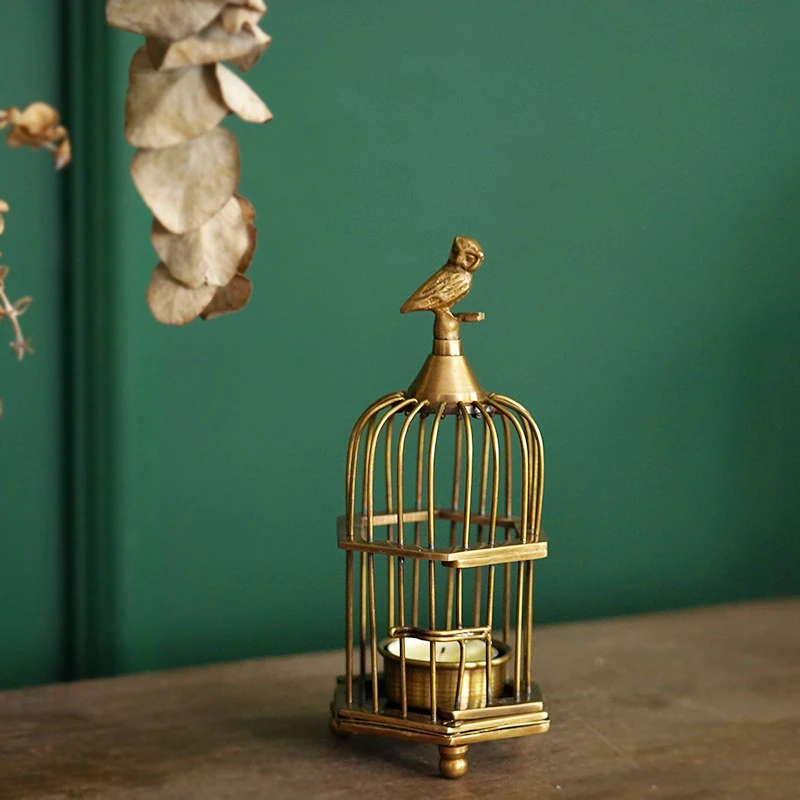 费灵家居印度进口手工复古黄铜鸟笼造型烛台装饰摆件