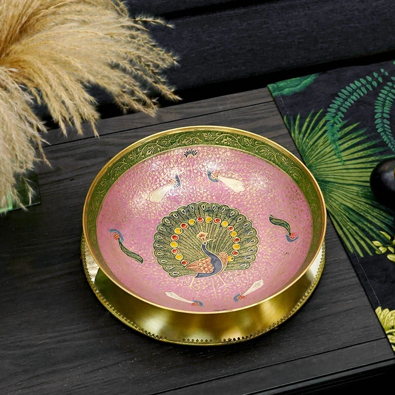 费灵家居印度进口手工复古彩绘收纳碗黄铜雕花彩色复古奢华