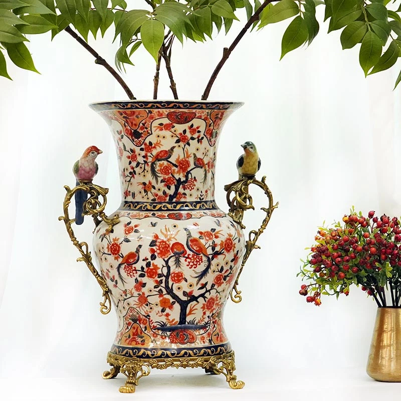 手绘陶瓷配铜凤穿牡丹装饰大花瓶花插奢华样板房别墅家用花器摆件
