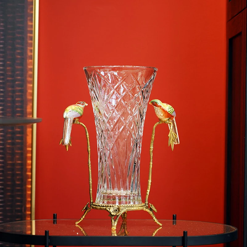 水晶玻璃配铜双鸟手工欧式美式花瓶 奢华家居装饰品水培花器高档