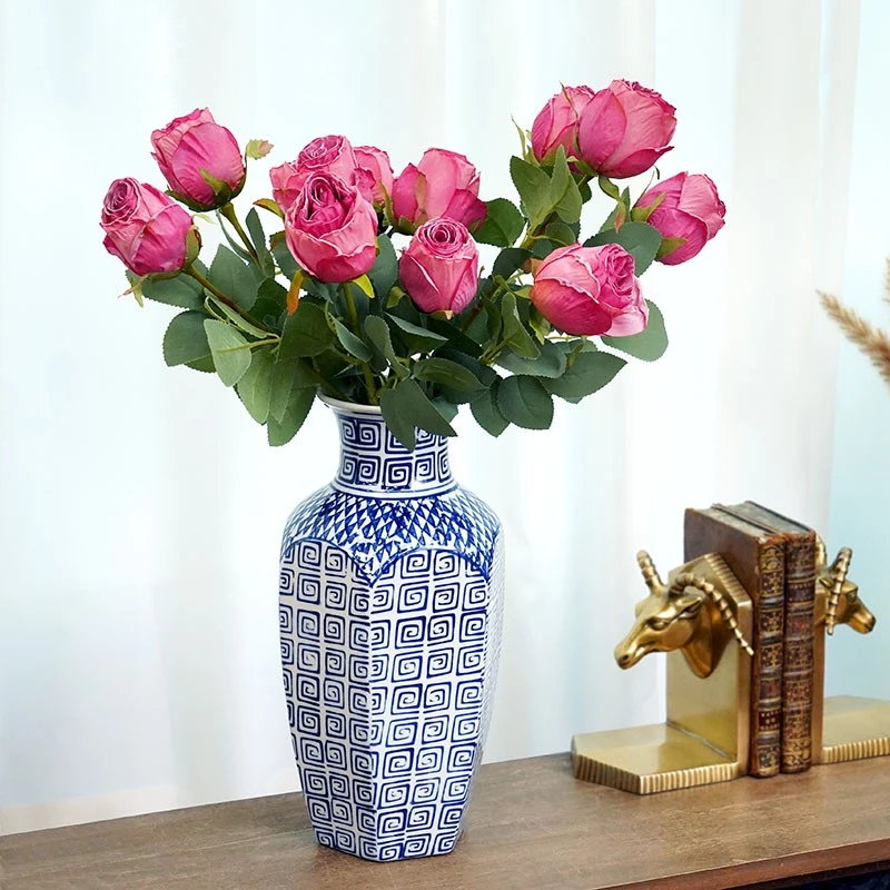家居青花陶瓷餐桌装饰花插艺术干花摆件