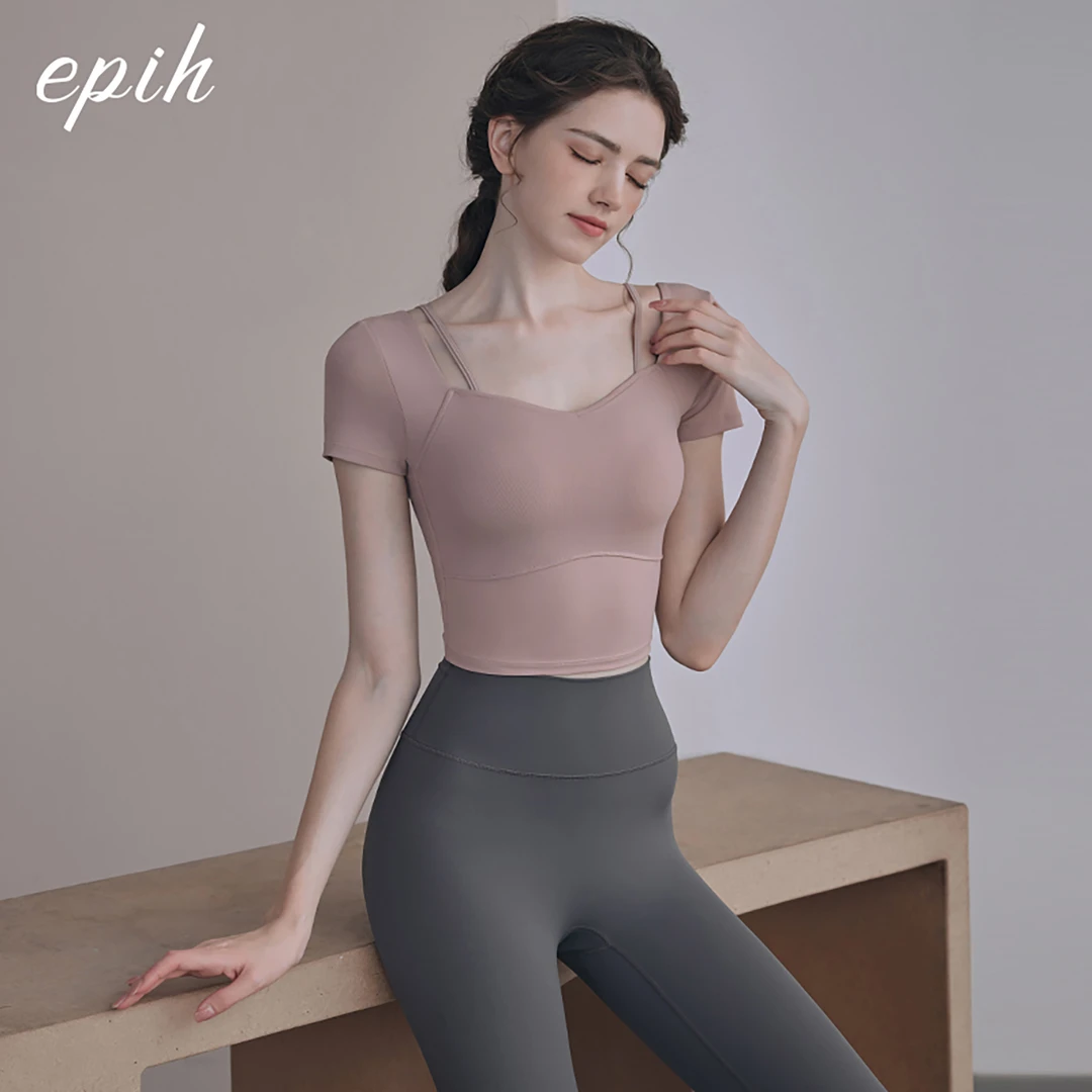EPIH瑜伽服上衣女夏季高级感健身衣运动服短袖套装带胸垫2025新款