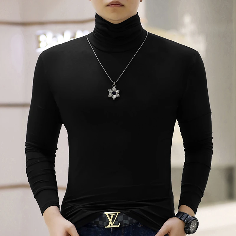 男士长袖T恤高领莫代尔薄款纯色打底衫百搭修身秋季上衣大码体恤