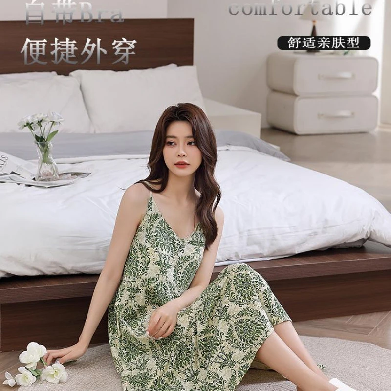 【现货】薄荷曼波吊带睡裙女款夏季睡衣大码可外穿带胸垫夏天连衣裙