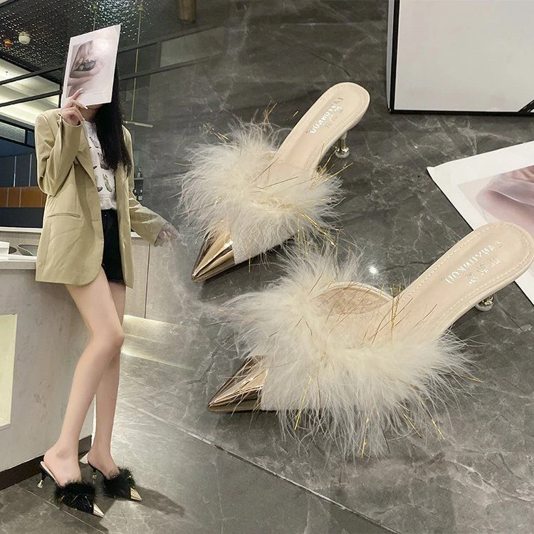 红蜻蜓牌毛毛拖鞋女外穿细跟秋冬百搭金属尖头网红时尚包头高跟鞋
