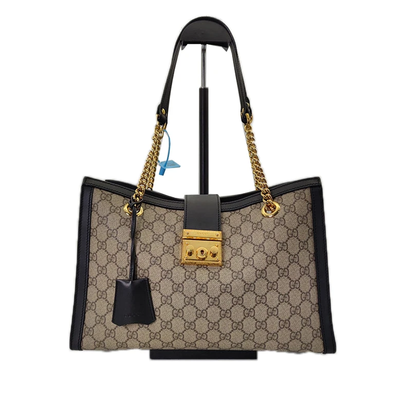90新 GUCCI/古驰 padlock系列中号时尚女士托特黑边锁扣单肩包