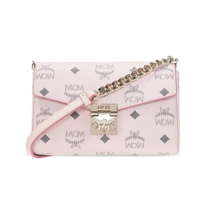 95新 MCM 经典老花满印小号粉色链条包信封包女士时尚单肩斜挎包