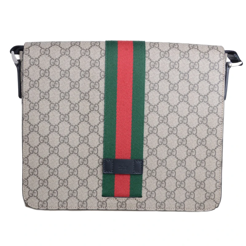 95新 GUCCI/古驰 男士双G老花单肩斜挎包条纹织带帆布邮差包