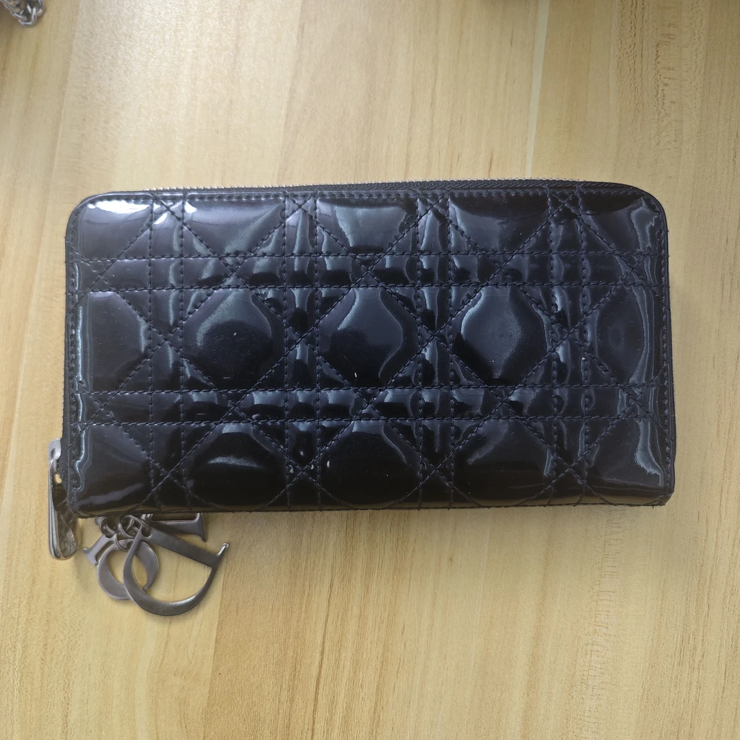 90新 DIOR/迪奥 菱格纹黑色漆皮长款拉链钱包