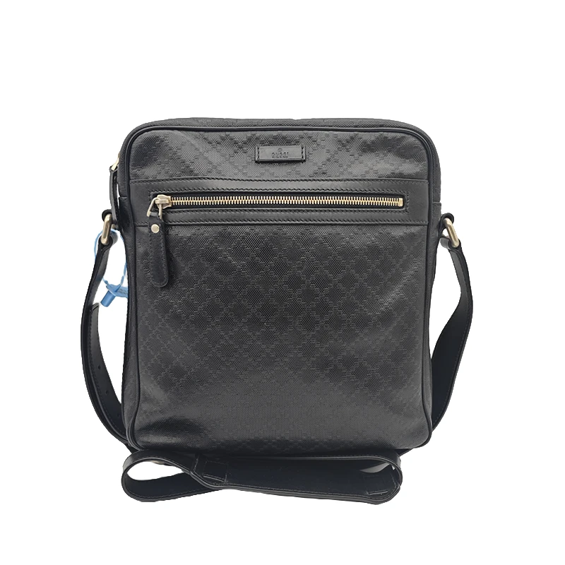 90新 GUCCI/古驰 经典黑色十字纹邮差包男士单肩斜挎包
