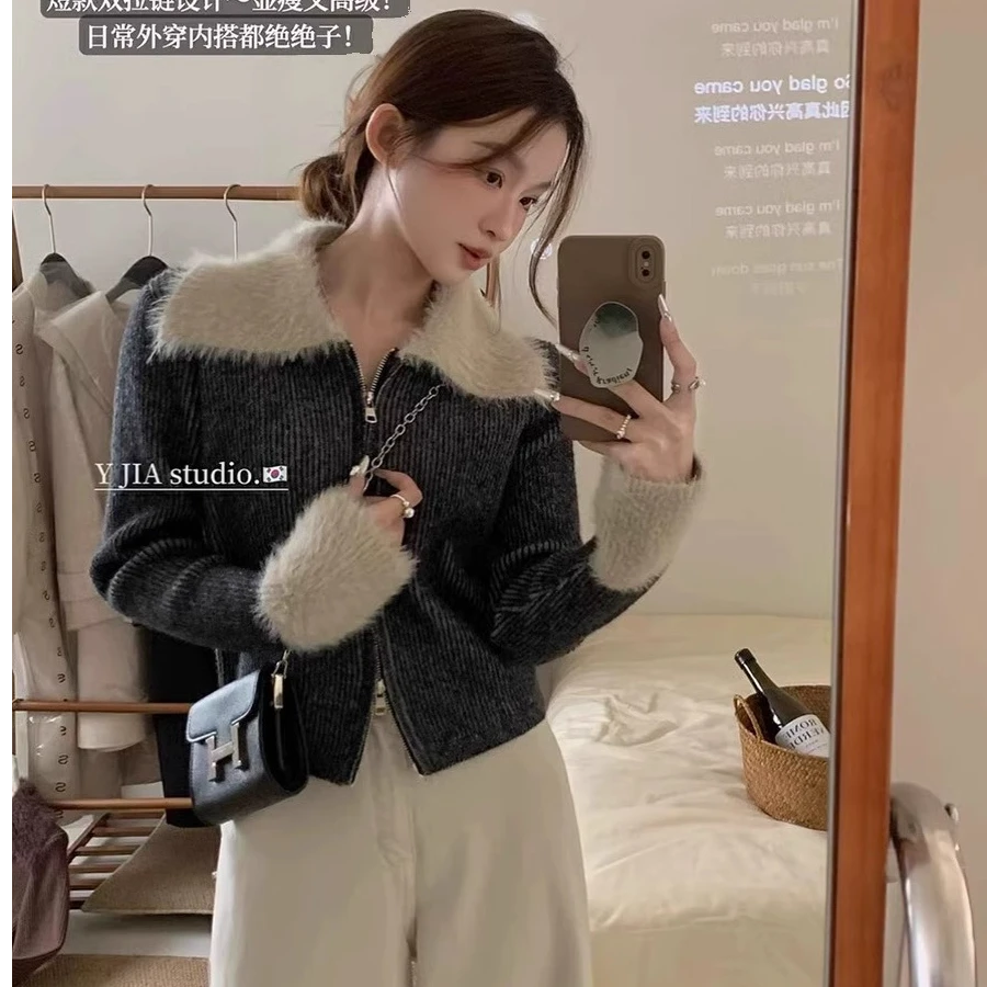 双拉链翻领水貂绒袖口拼接毛衣外套女冬季短款高级感内搭针织开衫