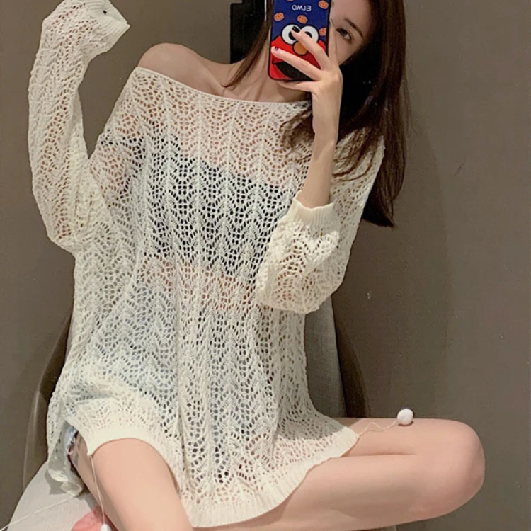白色一字肩镂空针织衫女夏夏季薄款长袖外搭空调罩衫短款防晒上衣