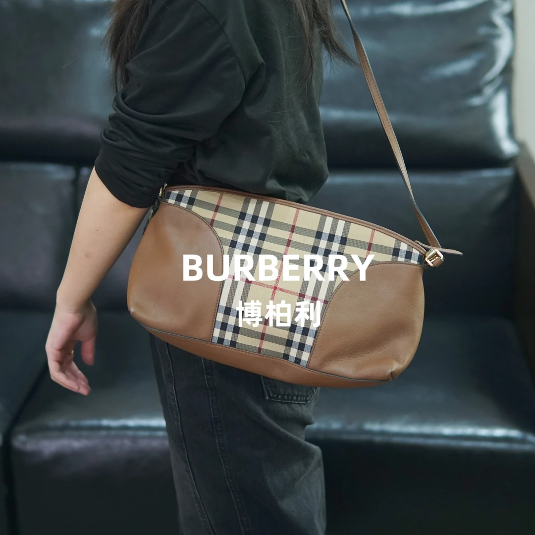 95新 BURBERRY/博柏利 巴宝莉/格纹拼皮斜挎包/BB10605044/5044