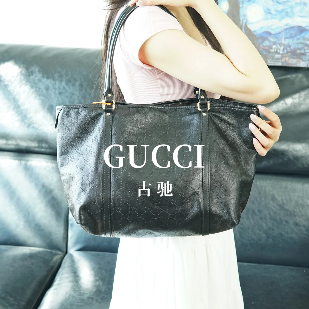 95新 GUCCI/古驰 单肩黑色压纹托特包/SG08612016/2016