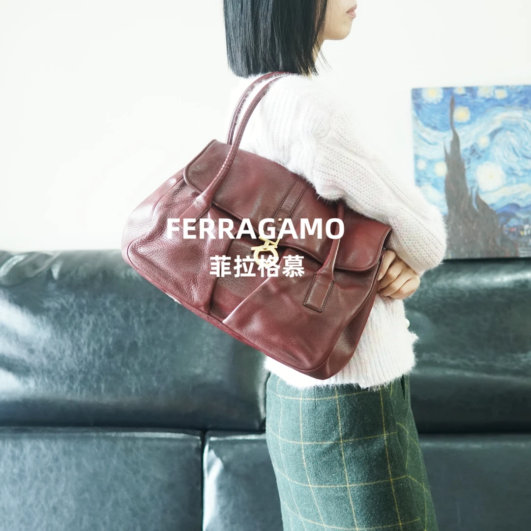 95新 FERRAGAMO/菲拉格慕 酒红单肩包/JZ09025043/5043