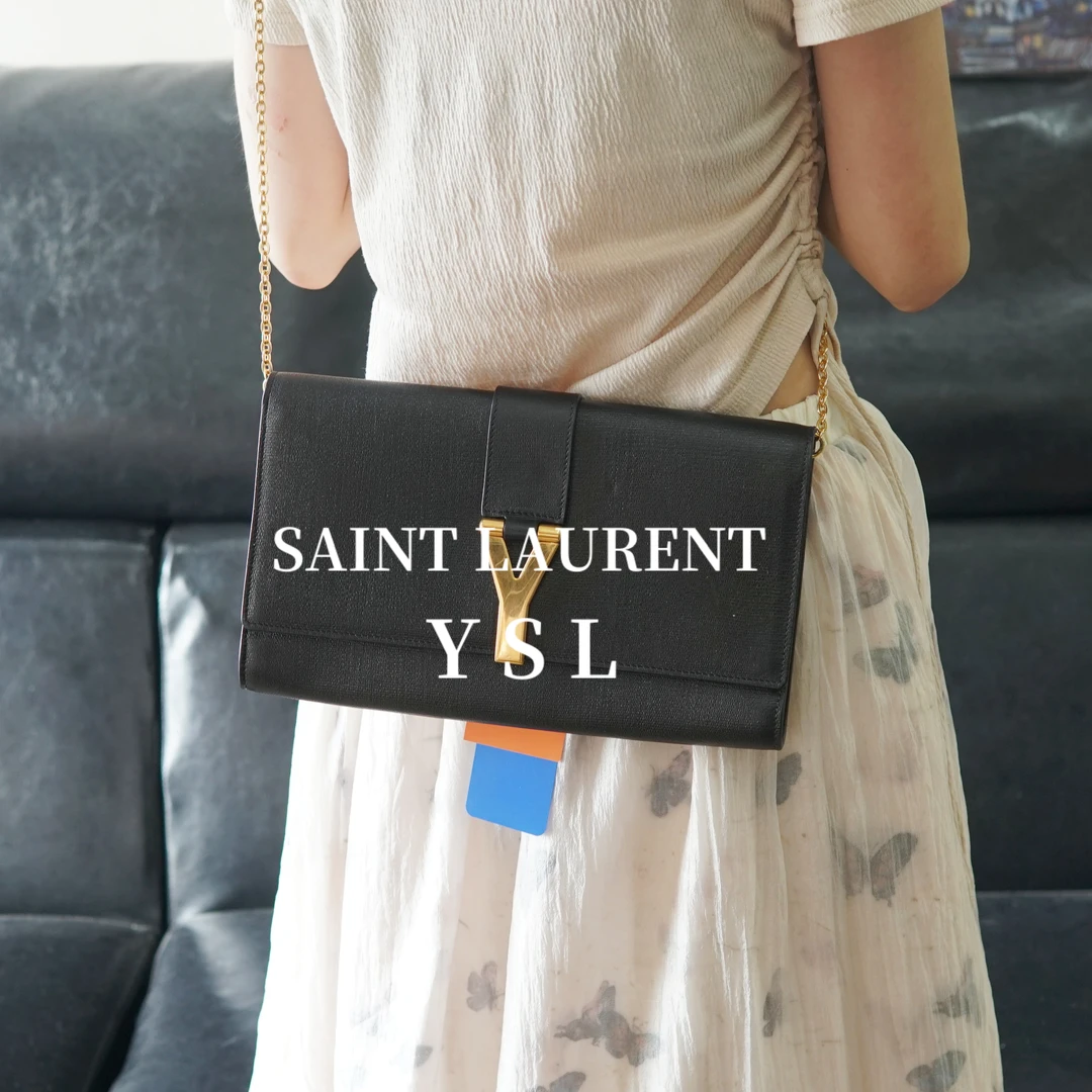 95新 YSL/圣罗兰 黑金翻扣斜挎包/WJ08625026/5026